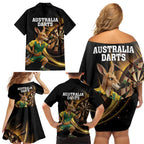 Australia Kangaroo Mascot Darts Family Matching Off Shoulder Short Dress and Hawaiian Shirt Black Edition