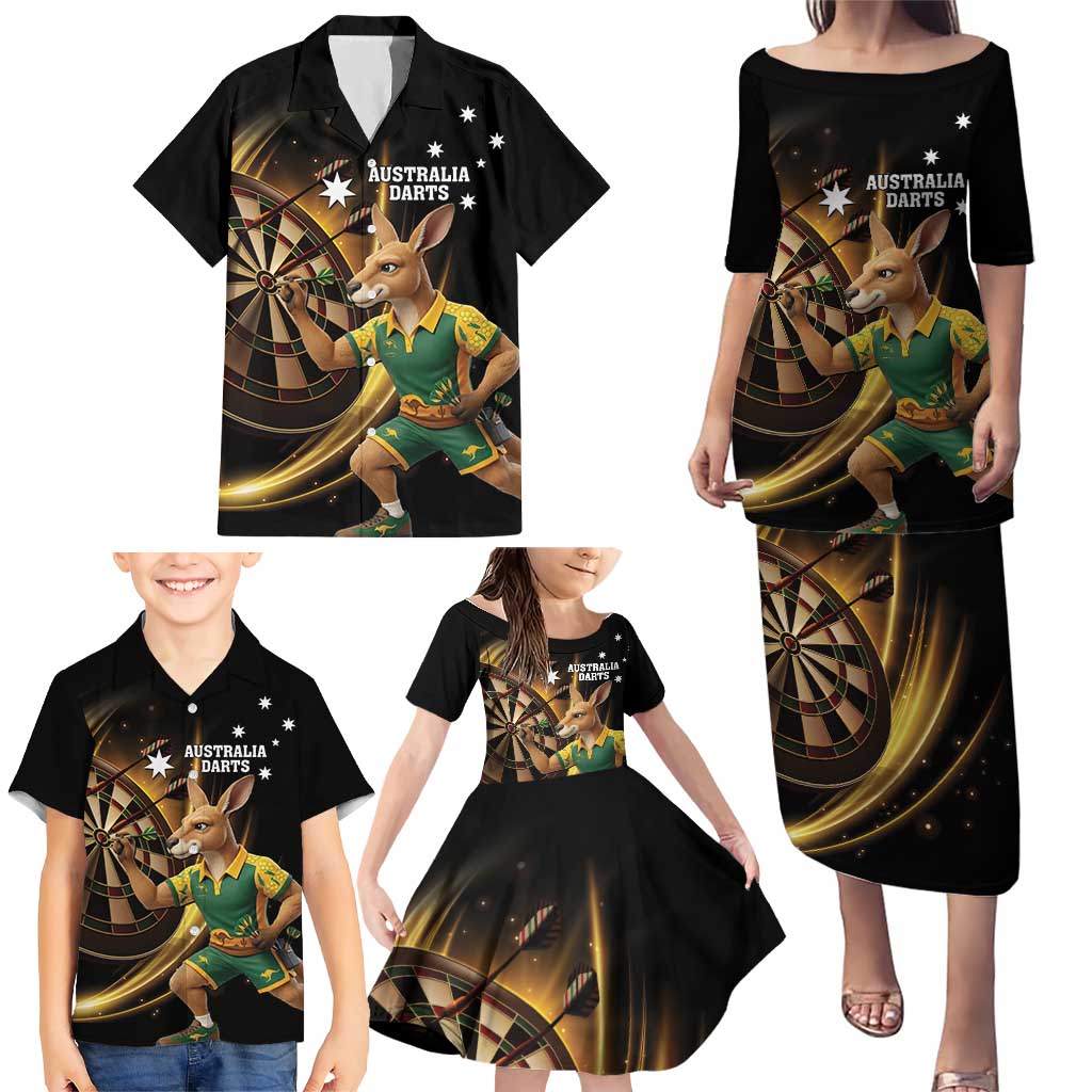 Australia Kangaroo Mascot Darts Family Matching Puletasi and Hawaiian Shirt Black Edition