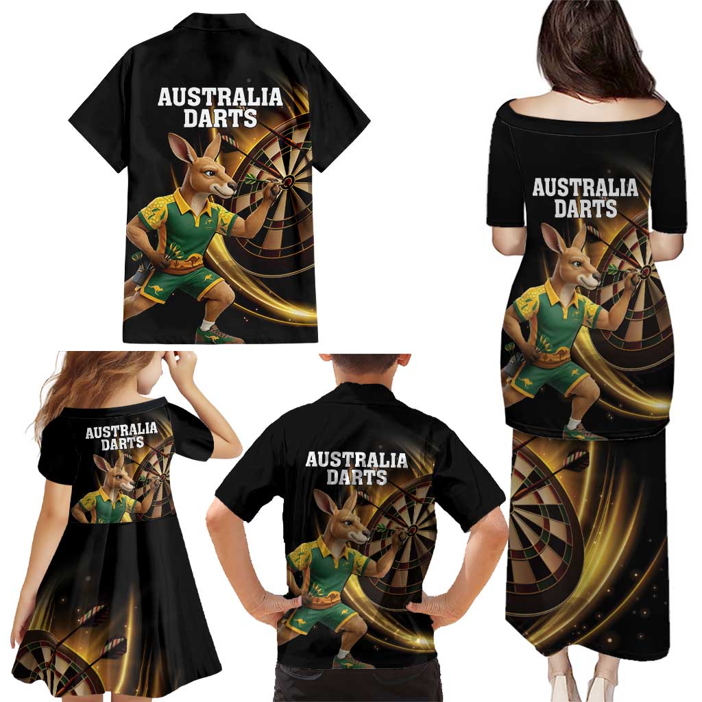 Australia Kangaroo Mascot Darts Family Matching Puletasi and Hawaiian Shirt Black Edition