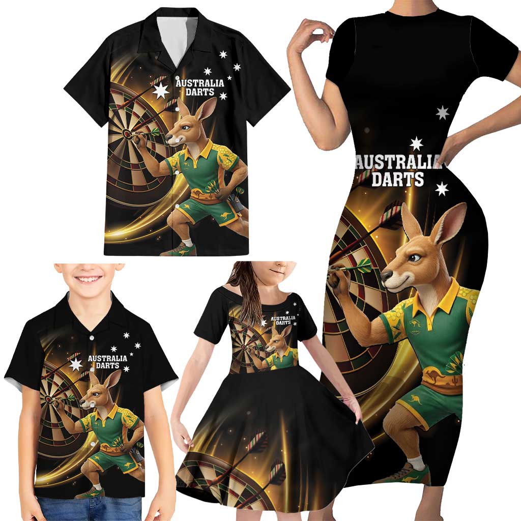 Australia Kangaroo Mascot Darts Family Matching Short Sleeve Bodycon Dress and Hawaiian Shirt Black Edition
