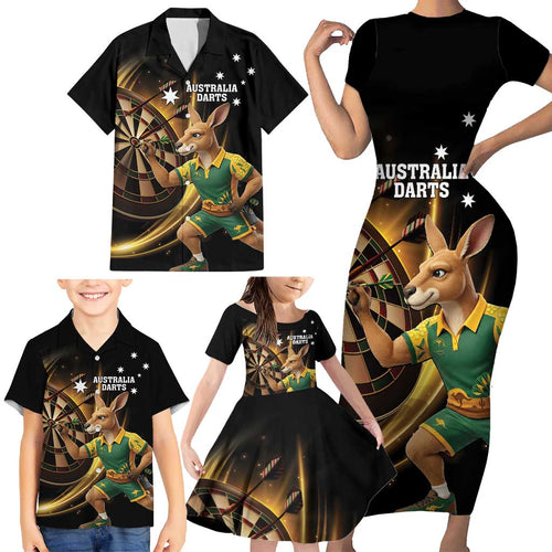 Australia Kangaroo Mascot Darts Family Matching Short Sleeve Bodycon Dress and Hawaiian Shirt Black Edition
