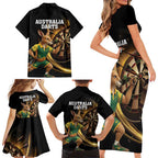 Australia Kangaroo Mascot Darts Family Matching Short Sleeve Bodycon Dress and Hawaiian Shirt Black Edition