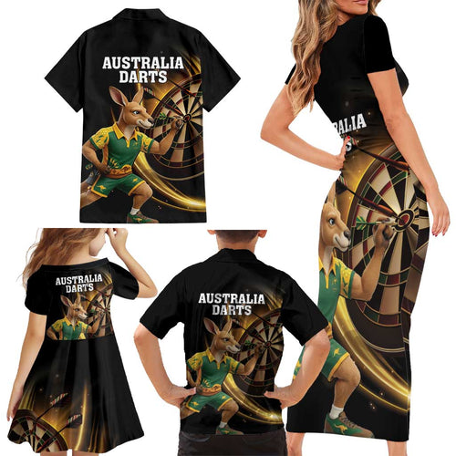 Australia Kangaroo Mascot Darts Family Matching Short Sleeve Bodycon Dress and Hawaiian Shirt Black Edition