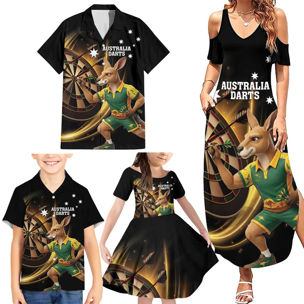 Australia Kangaroo Mascot Darts Family Matching Summer Maxi Dress and Hawaiian Shirt Black Edition
