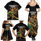 Australia Kangaroo Mascot Darts Family Matching Summer Maxi Dress and Hawaiian Shirt Black Edition