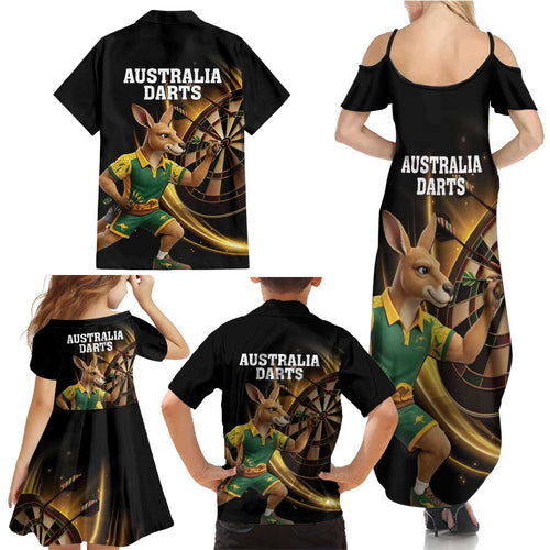 Australia Kangaroo Mascot Darts Family Matching Summer Maxi Dress and Hawaiian Shirt Black Edition