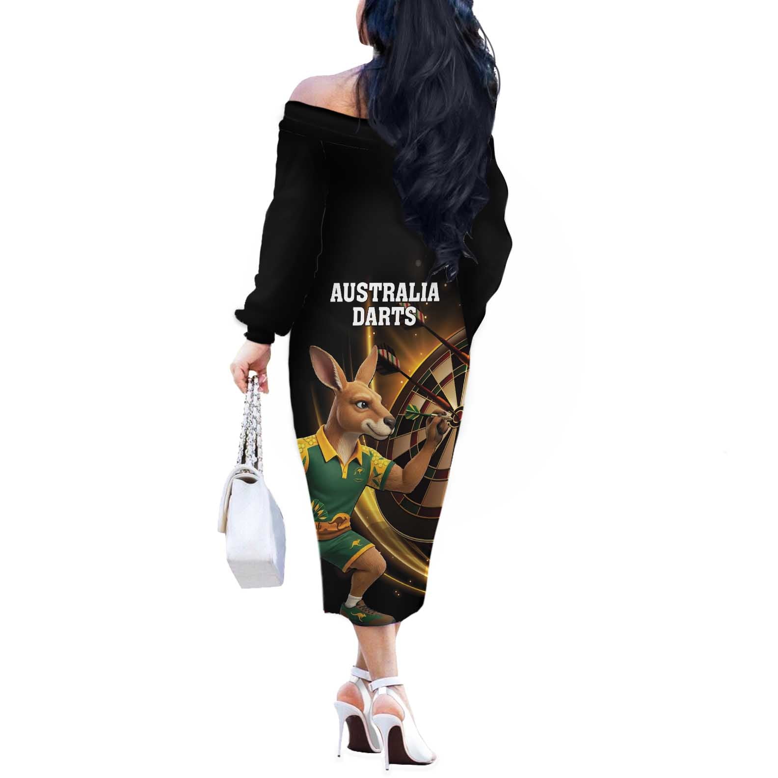 Australia Kangaroo Mascot Darts Off The Shoulder Long Sleeve Dress Black Edition