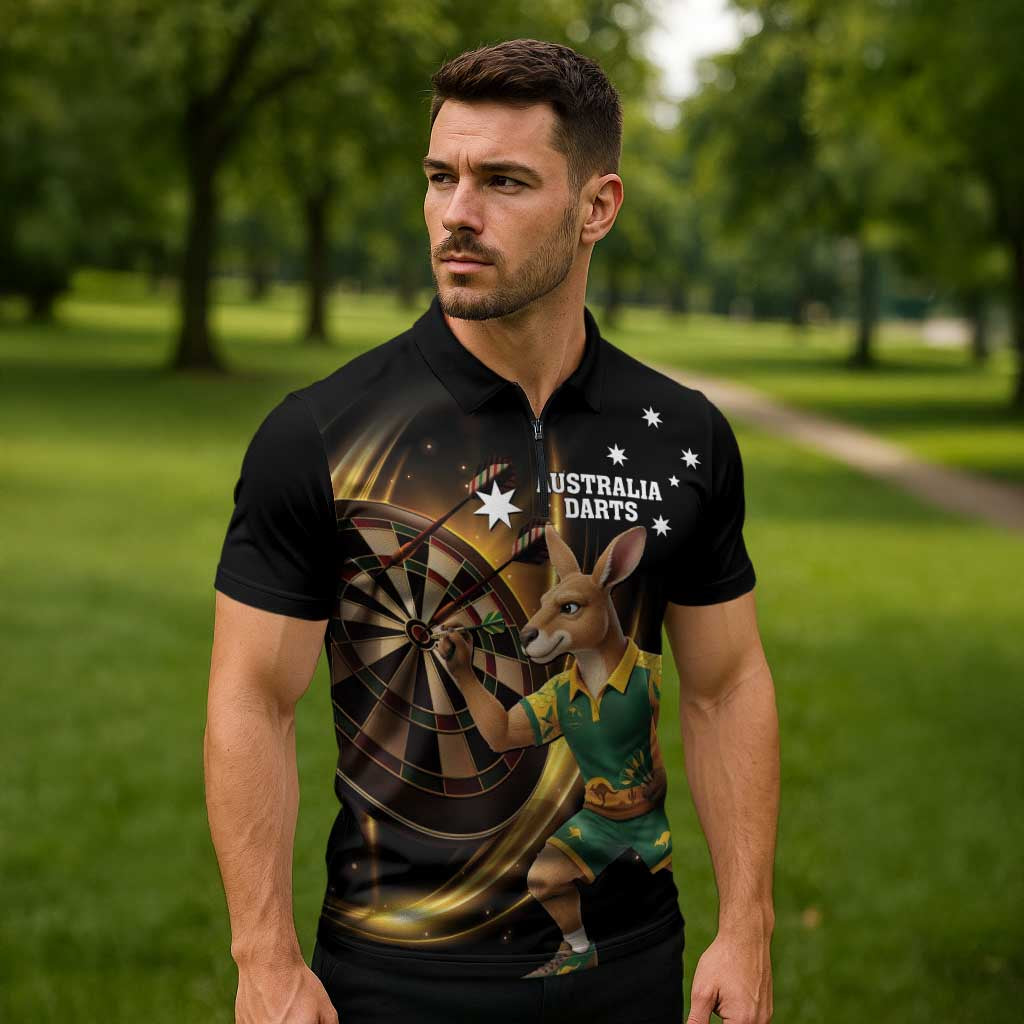 Australia Kangaroo Mascot Darts Zipper Polo Shirt Black Edition