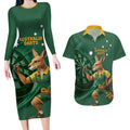 Australia Kangaroo Mascot Darts Couples Matching Long Sleeve Bodycon Dress and Hawaiian Shirt Green Edition