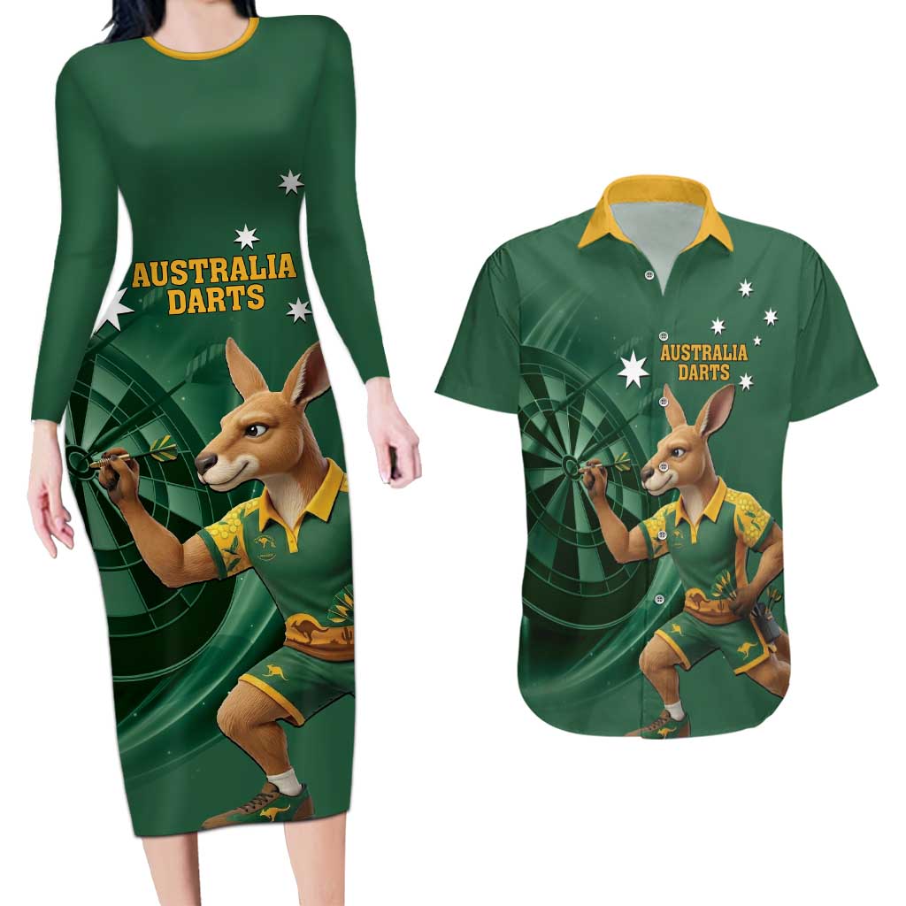 Australia Kangaroo Mascot Darts Couples Matching Long Sleeve Bodycon Dress and Hawaiian Shirt Green Edition