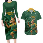 Australia Kangaroo Mascot Darts Couples Matching Long Sleeve Bodycon Dress and Hawaiian Shirt Green Edition