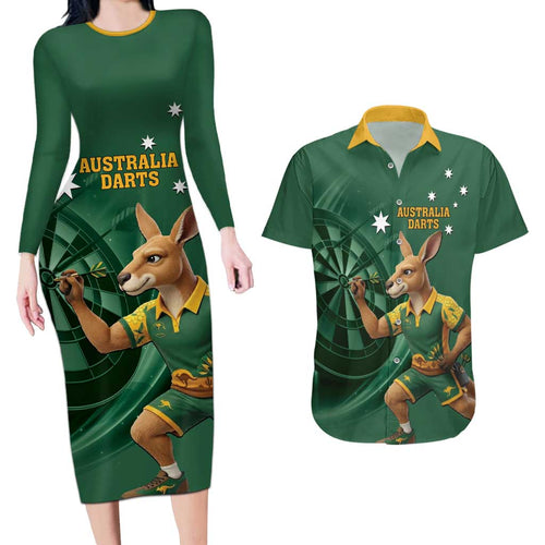 Australia Kangaroo Mascot Darts Couples Matching Long Sleeve Bodycon Dress and Hawaiian Shirt Green Edition