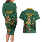 Australia Kangaroo Mascot Darts Couples Matching Long Sleeve Bodycon Dress and Hawaiian Shirt Green Edition