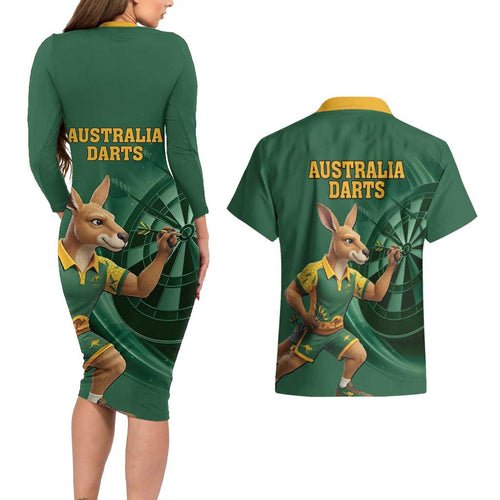 Australia Kangaroo Mascot Darts Couples Matching Long Sleeve Bodycon Dress and Hawaiian Shirt Green Edition