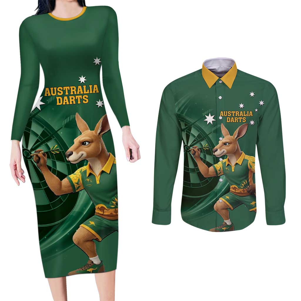 Australia Kangaroo Mascot Darts Couples Matching Long Sleeve Bodycon Dress and Long Sleeve Button Shirt Green Edition
