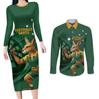 Australia Kangaroo Mascot Darts Couples Matching Long Sleeve Bodycon Dress and Long Sleeve Button Shirt Green Edition