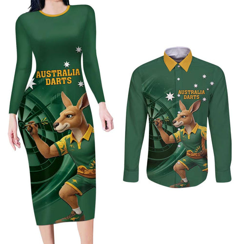 Australia Kangaroo Mascot Darts Couples Matching Long Sleeve Bodycon Dress and Long Sleeve Button Shirt Green Edition