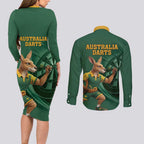 Australia Kangaroo Mascot Darts Couples Matching Long Sleeve Bodycon Dress and Long Sleeve Button Shirt Green Edition