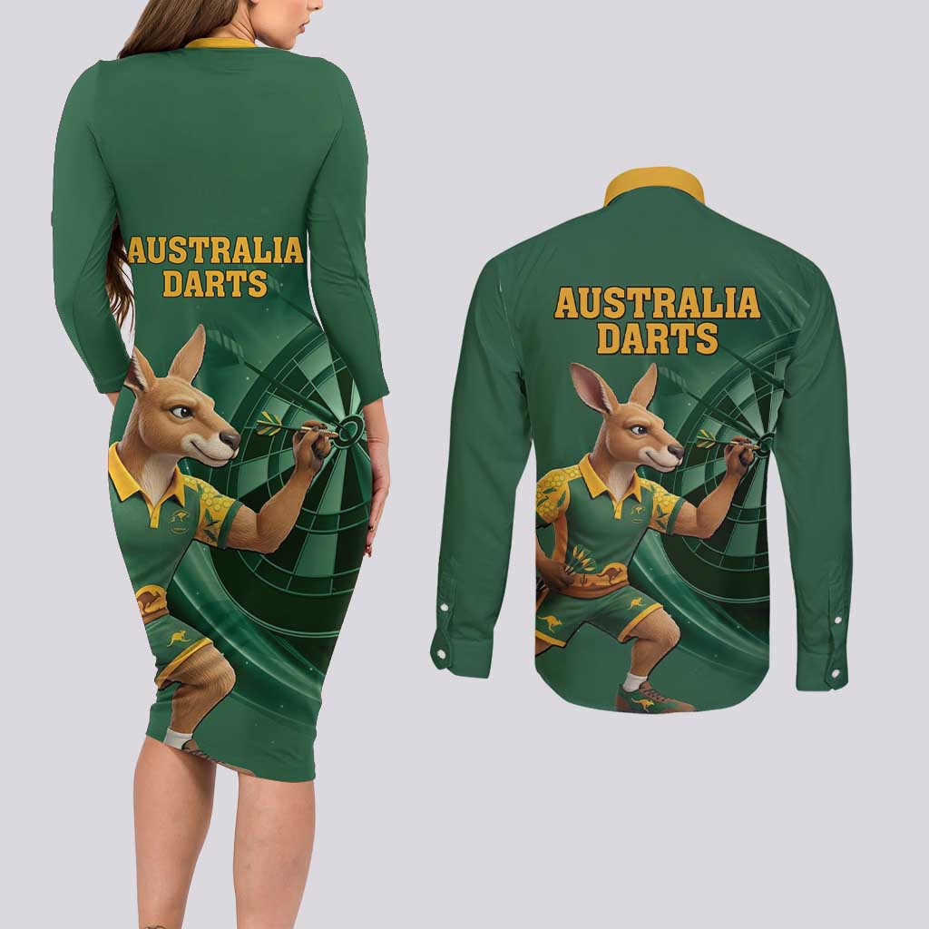 Australia Kangaroo Mascot Darts Couples Matching Long Sleeve Bodycon Dress and Long Sleeve Button Shirt Green Edition