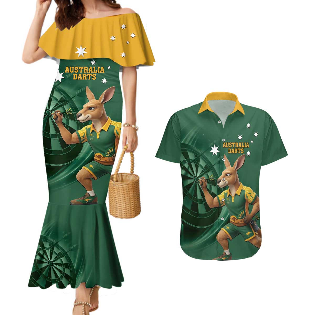 Australia Kangaroo Mascot Darts Couples Matching Mermaid Dress and Hawaiian Shirt Green Edition