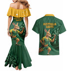 Australia Kangaroo Mascot Darts Couples Matching Mermaid Dress and Hawaiian Shirt Green Edition