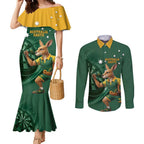 Australia Kangaroo Mascot Darts Couples Matching Mermaid Dress and Long Sleeve Button Shirt Green Edition
