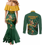 Australia Kangaroo Mascot Darts Couples Matching Mermaid Dress and Long Sleeve Button Shirt Green Edition
