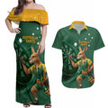 Australia Kangaroo Mascot Darts Couples Matching Off Shoulder Maxi Dress and Hawaiian Shirt Green Edition