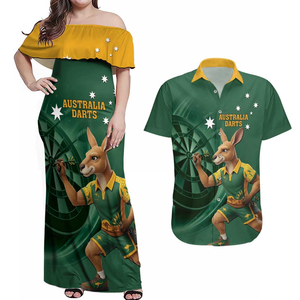 Australia Kangaroo Mascot Darts Couples Matching Off Shoulder Maxi Dress and Hawaiian Shirt Green Edition