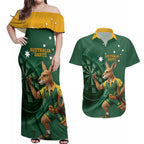 Australia Kangaroo Mascot Darts Couples Matching Off Shoulder Maxi Dress and Hawaiian Shirt Green Edition