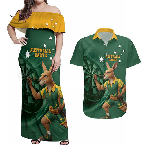 Australia Kangaroo Mascot Darts Couples Matching Off Shoulder Maxi Dress and Hawaiian Shirt Green Edition