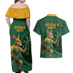 Australia Kangaroo Mascot Darts Couples Matching Off Shoulder Maxi Dress and Hawaiian Shirt Green Edition
