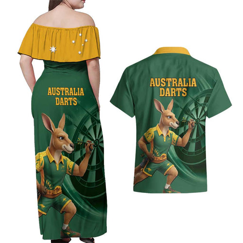 Australia Kangaroo Mascot Darts Couples Matching Off Shoulder Maxi Dress and Hawaiian Shirt Green Edition