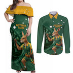 Australia Kangaroo Mascot Darts Couples Matching Off Shoulder Maxi Dress and Long Sleeve Button Shirt Green Edition