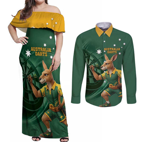 Australia Kangaroo Mascot Darts Couples Matching Off Shoulder Maxi Dress and Long Sleeve Button Shirt Green Edition