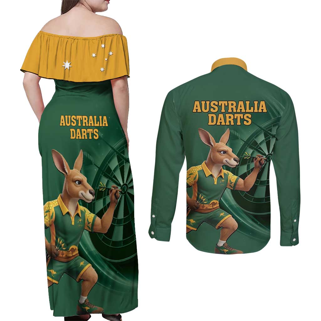 Australia Kangaroo Mascot Darts Couples Matching Off Shoulder Maxi Dress and Long Sleeve Button Shirt Green Edition
