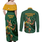 Australia Kangaroo Mascot Darts Couples Matching Off Shoulder Maxi Dress and Long Sleeve Button Shirt Green Edition