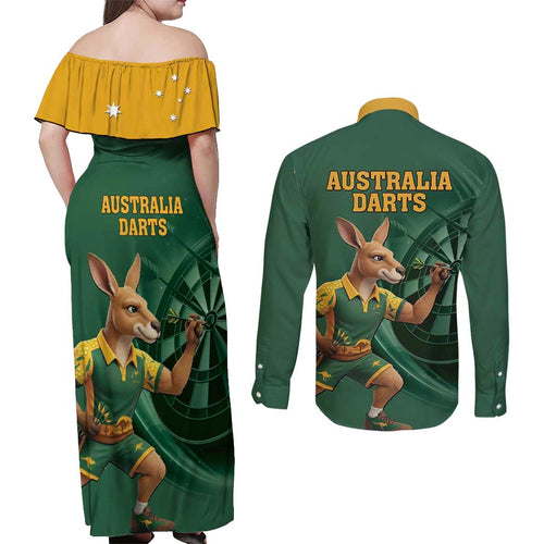 Australia Kangaroo Mascot Darts Couples Matching Off Shoulder Maxi Dress and Long Sleeve Button Shirt Green Edition
