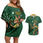 Australia Kangaroo Mascot Darts Couples Matching Off Shoulder Short Dress and Hawaiian Shirt Green Edition