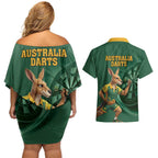 Australia Kangaroo Mascot Darts Couples Matching Off Shoulder Short Dress and Hawaiian Shirt Green Edition
