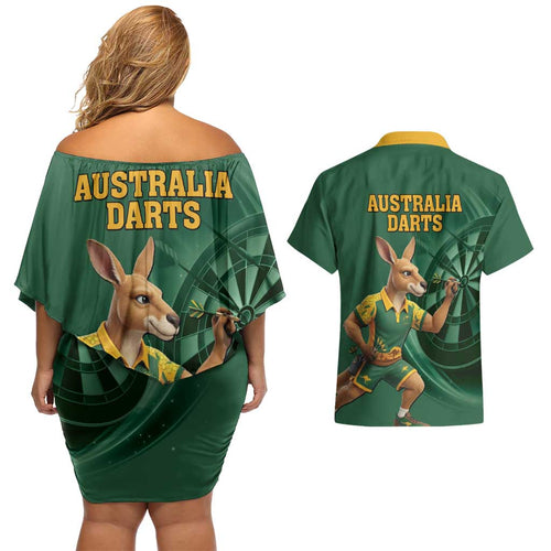 Australia Kangaroo Mascot Darts Couples Matching Off Shoulder Short Dress and Hawaiian Shirt Green Edition