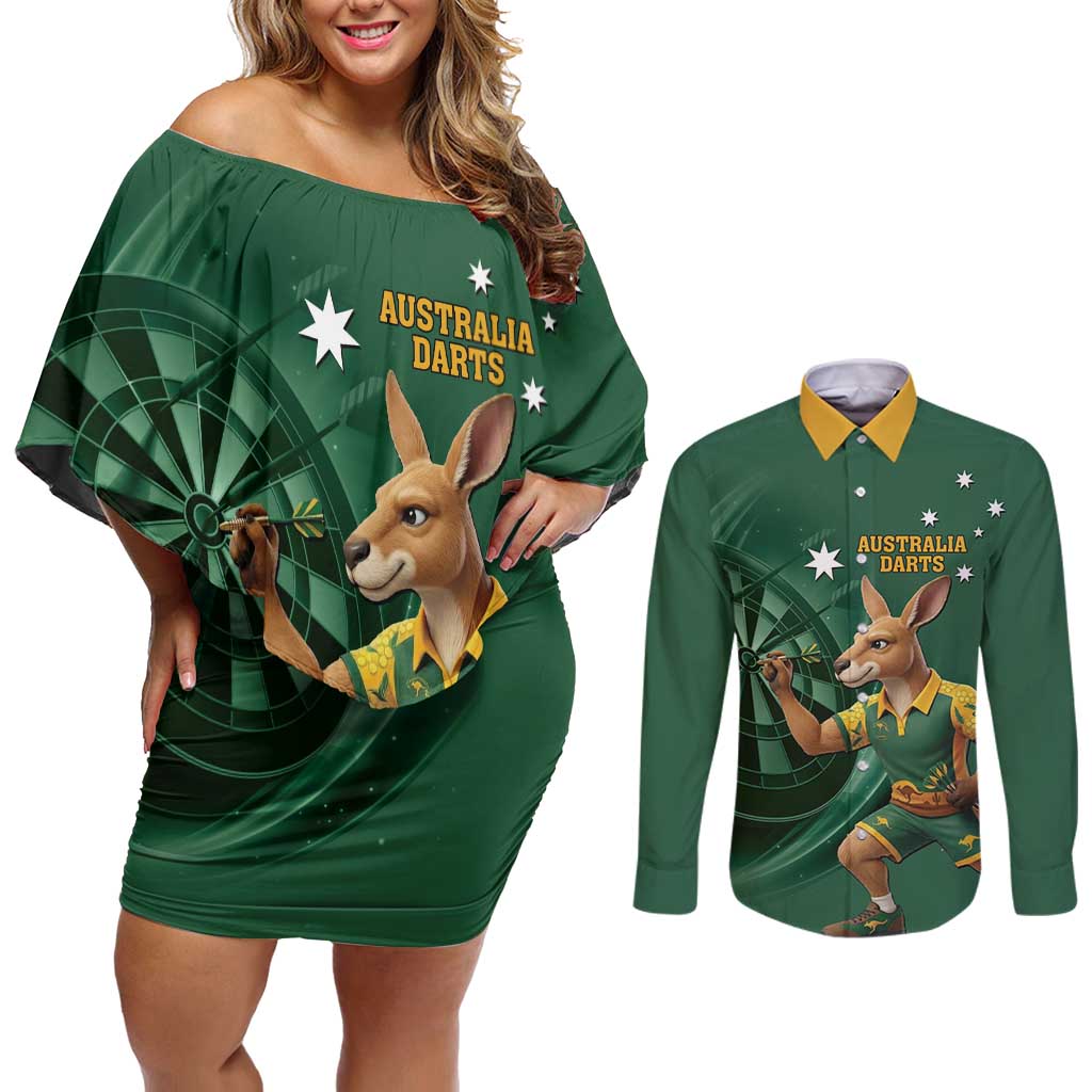 Australia Kangaroo Mascot Darts Couples Matching Off Shoulder Short Dress and Long Sleeve Button Shirt Green Edition
