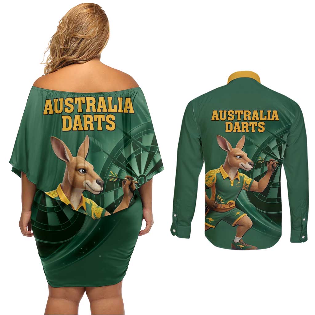 Australia Kangaroo Mascot Darts Couples Matching Off Shoulder Short Dress and Long Sleeve Button Shirt Green Edition