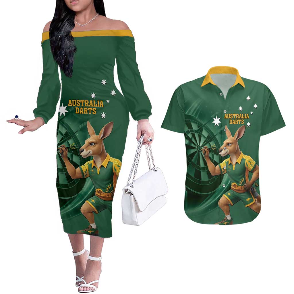 Australia Kangaroo Mascot Darts Couples Matching Off The Shoulder Long Sleeve Dress and Hawaiian Shirt Green Edition