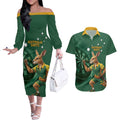 Australia Kangaroo Mascot Darts Couples Matching Off The Shoulder Long Sleeve Dress and Hawaiian Shirt Green Edition