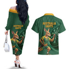 Australia Kangaroo Mascot Darts Couples Matching Off The Shoulder Long Sleeve Dress and Hawaiian Shirt Green Edition