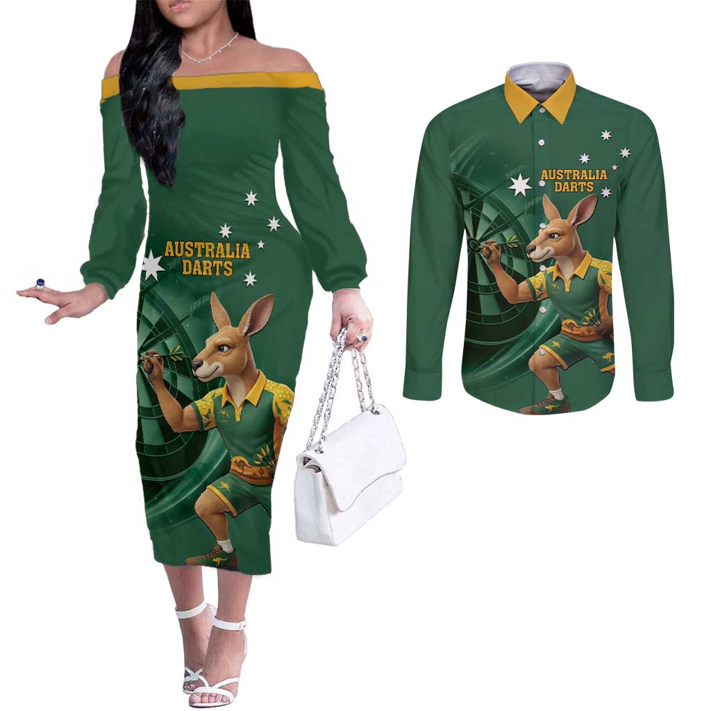 Australia Kangaroo Mascot Darts Couples Matching Off The Shoulder Long Sleeve Dress and Long Sleeve Button Shirt Green Edition