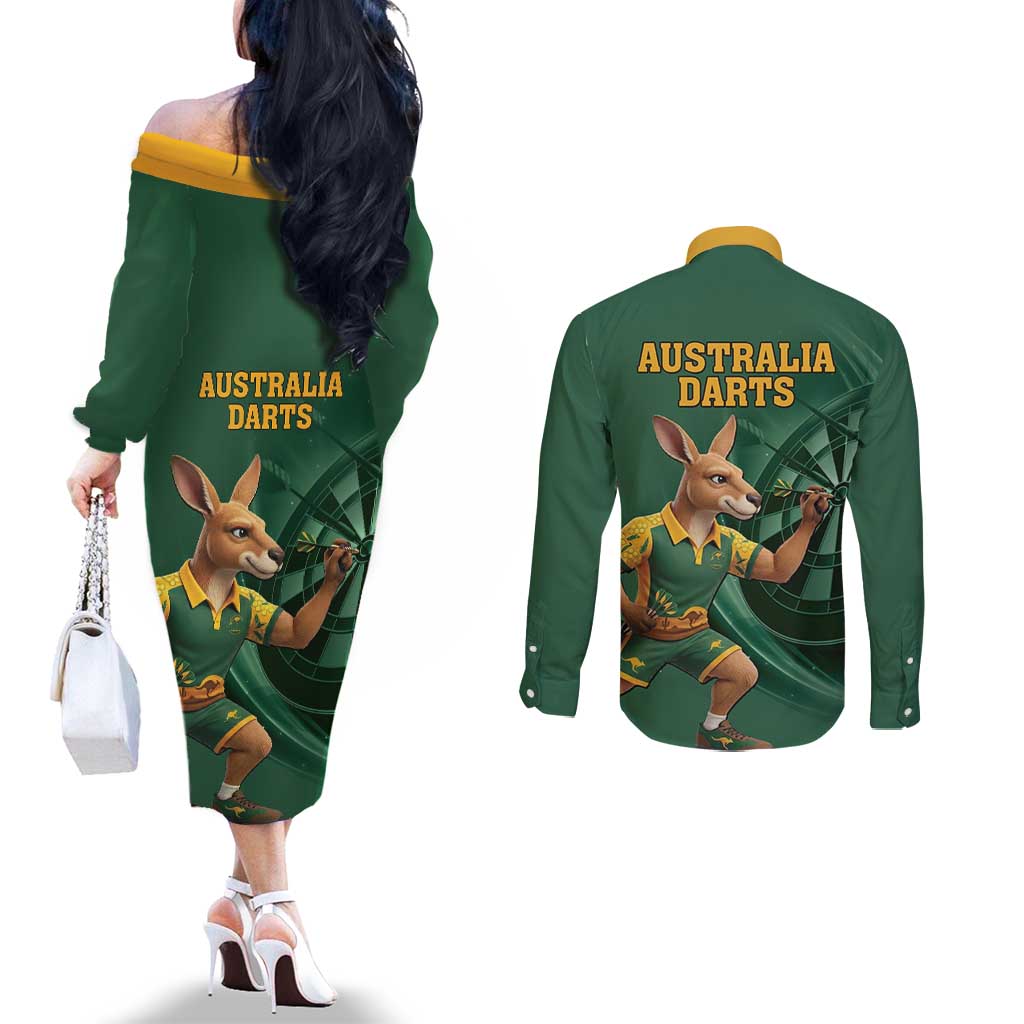 Australia Kangaroo Mascot Darts Couples Matching Off The Shoulder Long Sleeve Dress and Long Sleeve Button Shirt Green Edition