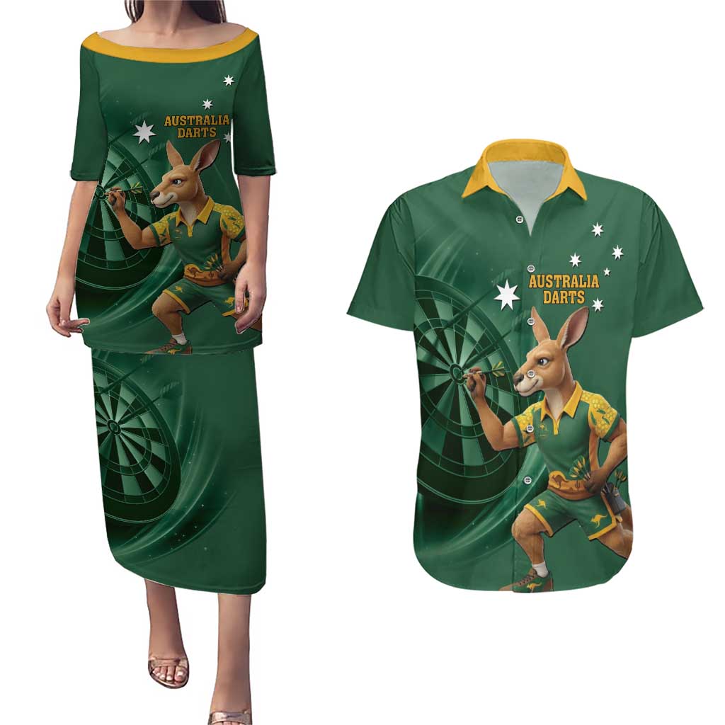 Australia Kangaroo Mascot Darts Couples Matching Puletasi and Hawaiian Shirt Green Edition