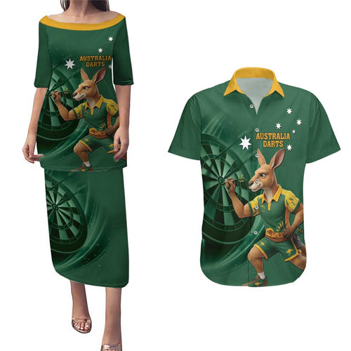 Australia Kangaroo Mascot Darts Couples Matching Puletasi and Hawaiian Shirt Green Edition